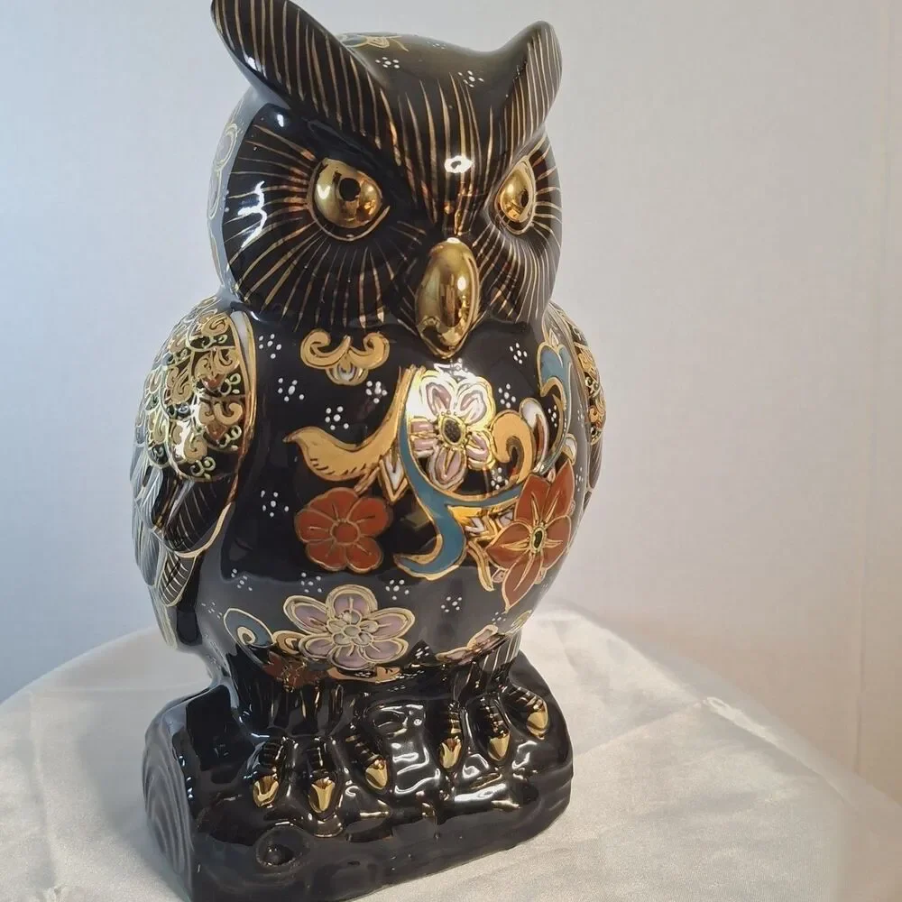 Japanese Kutani Owl Porcelain Figurine Mori Gold Painted Fukuro Lucky Owl Vintag